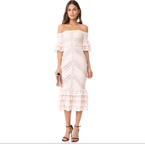 CINQ A SEPT Naya Ivory Lace off the shoulder Fitted Layered Ruffle Dress Size 10 - Picture 13 of 13